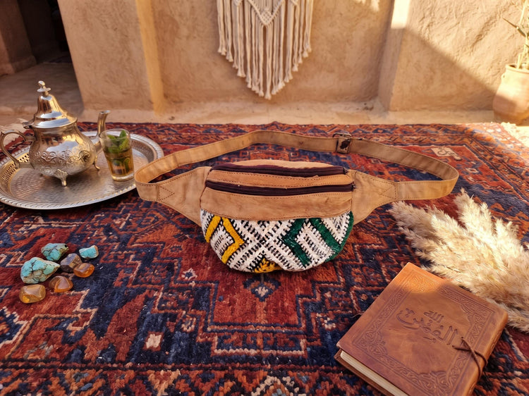Moroccan Leather Kilim Bum Bag, Berber Tribal Boho Waist Pouch, Upcycled Festival Belt Bag, Hippie Sling Purse