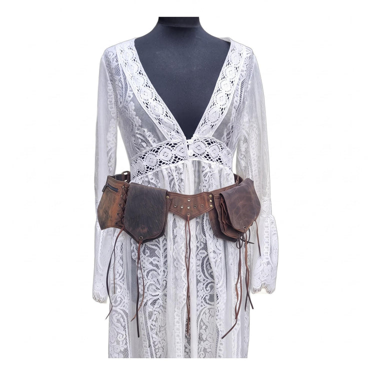 Brown Leather Utility Belt, Multi Pocket Boho Festival Bum Bag, Leaf Pouch Hippie Steampunk Waist Belt