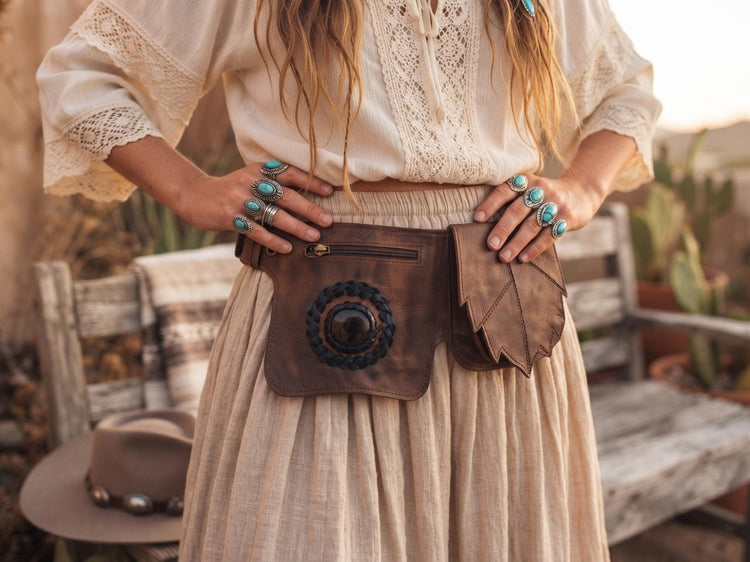 Boho Leather Bum Bag with Gemstone, Hippie Festival Belt, Leaf Pocket Fanny Pack, Tiger Eye Labradorite