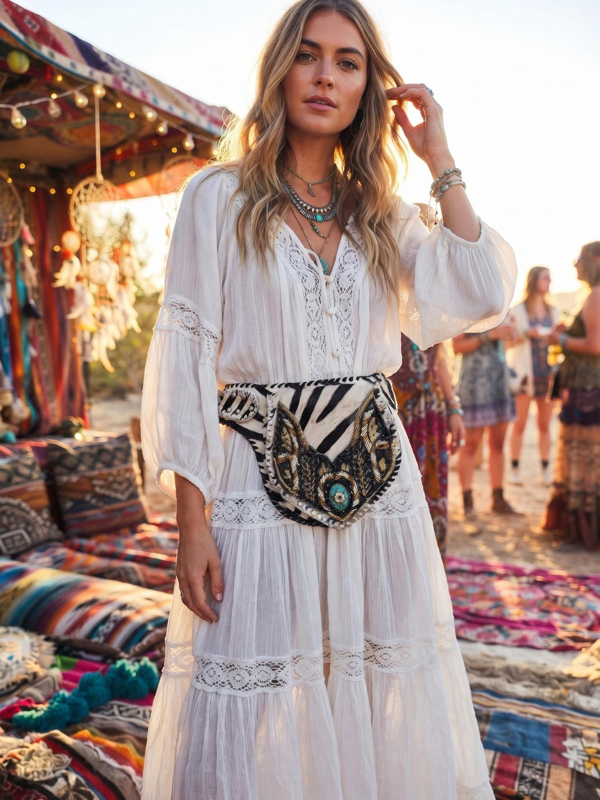 Zebra Cowhide Fanny Pack: Beaded Boho Leather Crossbody Sling