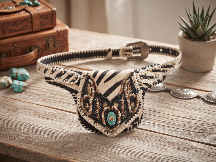 Zebra Cowhide Fanny Pack: Beaded Boho Leather Crossbody Sling