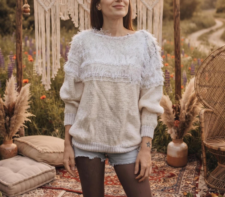 1980s Vintage Cream White Jumper, Handmade Striped Knit Sweater, Minimalist Nordic Winter Christmas Knit