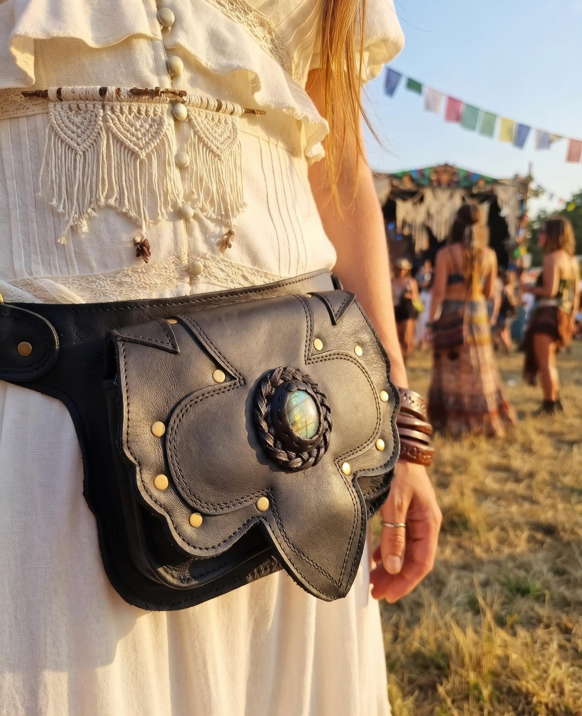 Womens Leather Fanny Pack: Boho Festival Hip Bag with Labradorite