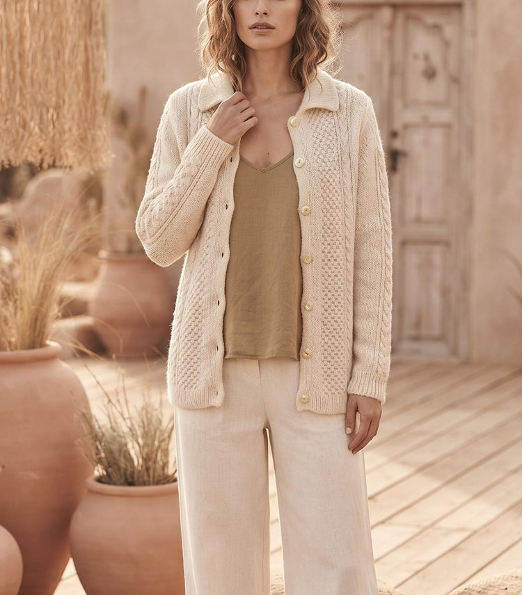 Vintage Cream Cable Knit Cardigan L, Oversized Nordic Winter Jumper, Cottagecore Chunky Knit Sweater