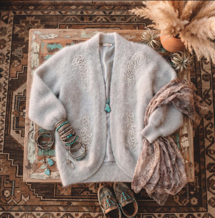 Vintage Grey Wool Cardigan Jacket, Floral Embroidered Boho Knit, 80s 90s Romantic Folklore Sweater, Open Front