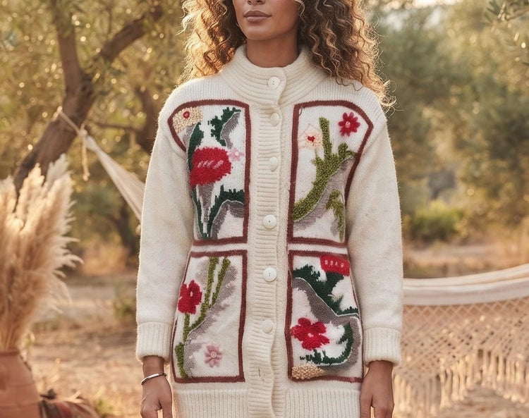 Vintage 1980s Floral Mohair Cardigan S M, Cream White Cottagecore Sweater M, Handmade Boho Knit Jacket, Romantic Hippie Knitwear