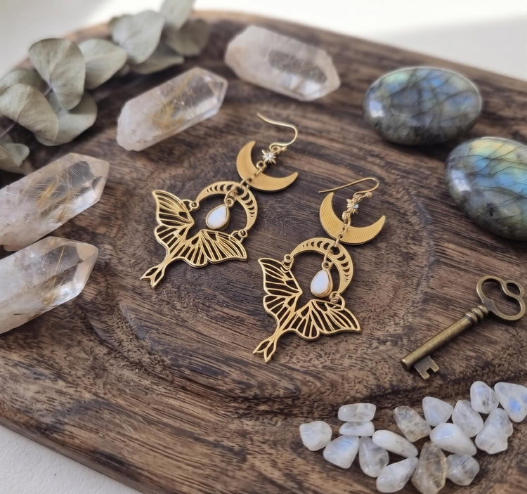 Moon Moth Earrings with Aura Quartz, Celestial Crescent Moon Star Drop Earrings, Boho Witchy Jewellery, Gold Plated Hooks