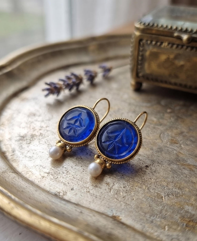 Deep Blue Intaglio Drop Earrings, Vintage Pearl Brass Jewellery, Art Deco Boho Statement Earrings, Bridal Bridesmaid Gift