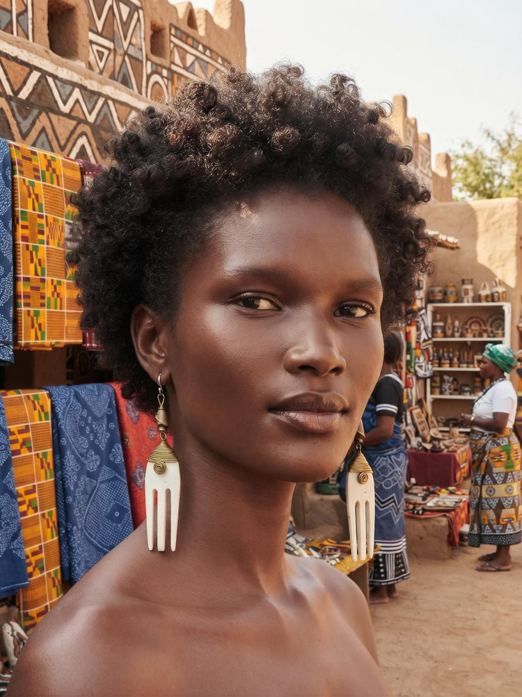 African Bone Drop Earrings, Ivory White Brass Boho Statement Earrings, Handmade Tanzanian Ethnic Jewellery, Long Vintage Style Earrings