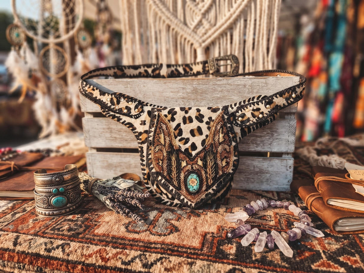 Leopard Cowhide Leather Bum Bag, Boho Western Belt Bag, Turquoise Stone Festival Fanny Pack, Cowgirl Crossbody Waist Bag