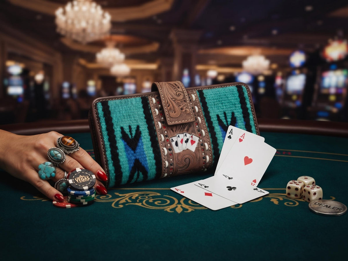 Leather Poker Wallet for Women, Four Aces Western Bifold Purse, Hand Tooled Floral Buffalo Leather, Aztec Boho Cowgirl Gift