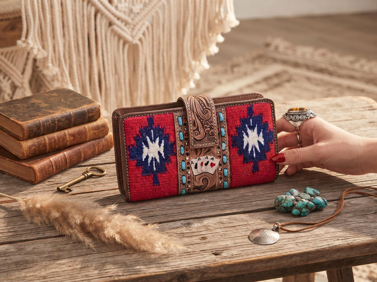 Leather Poker Wallet for Women, Four Aces Western Bifold Purse, Hand Tooled Floral Buffalo Leather, Aztec Boho Cowgirl Gift
