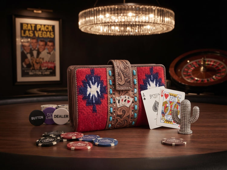 Leather Poker Wallet for Women, Four Aces Western Purse, Hand Tooled Buffalo Leather Wallet, Aztec Boho Las Vegas Gift