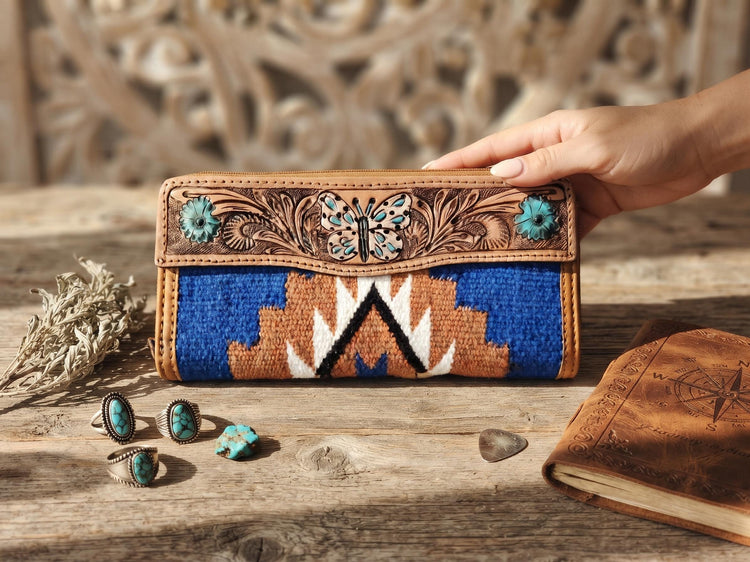 Boho Leather Clutch Wallet, Butterfly Aztec Carpet Purse, Handmade Western Long Wallet, Vintage Style Leather Evening Bag