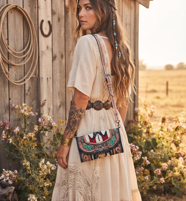 Floral Tooled Buffalo Leather Clutch, Aztec Western Mini Purse with Detachable Strap, Handmade Boho Leather Evening Bag