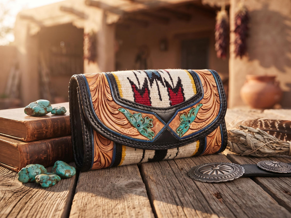 Floral Tooled Buffalo Leather Clutch, Aztec Western Mini Purse with Detachable Strap, Handmade Boho Leather Evening Bag