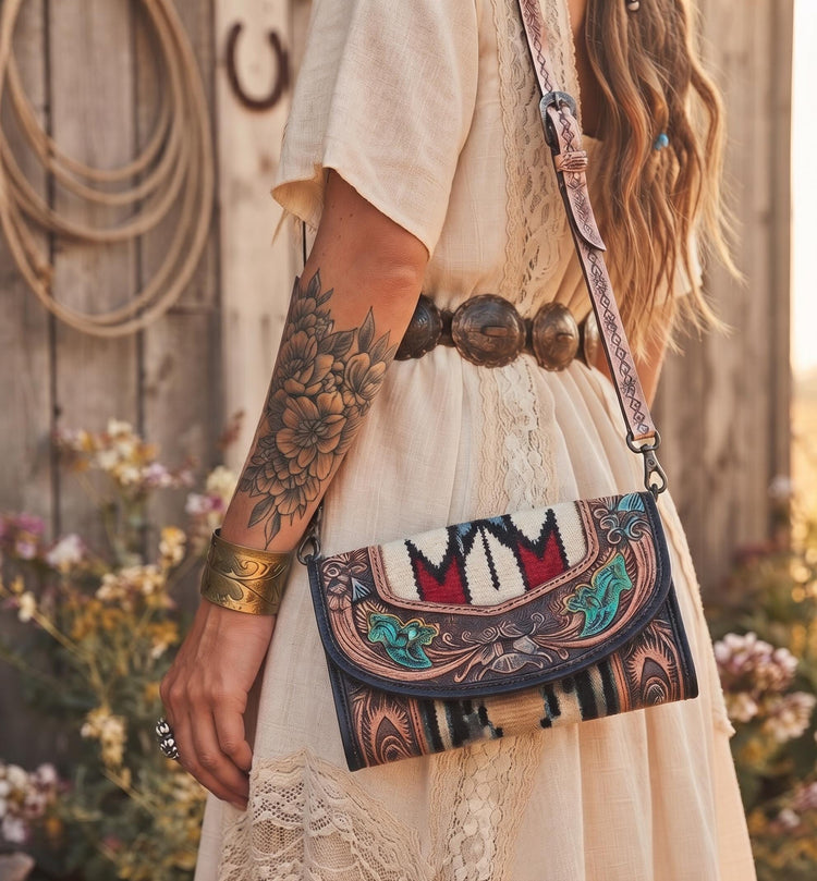 Floral Tooled Buffalo Leather Clutch, Aztec Western Mini Purse with Detachable Strap, Handmade Boho Leather Evening Bag