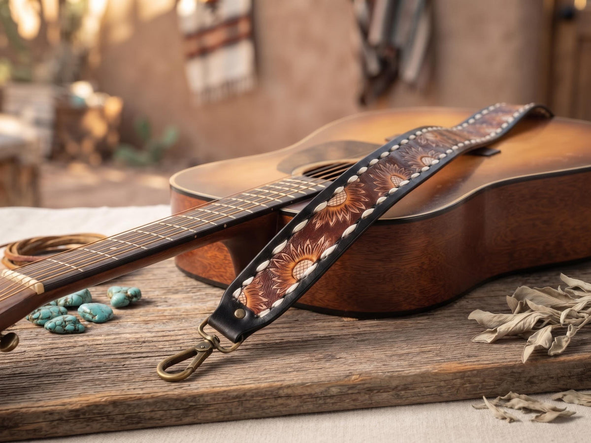 Western Sunflower Leather Bag Strap, Tooled Floral Replacement Purse Strap, Detachable Boho Shoulder Strap, Camera Strap