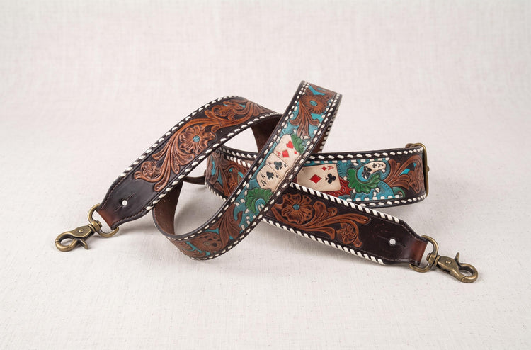 Four Aces Poker Leather Bag Strap, Hand Painted Playing Cards Replacement Strap, Western Detachable Boho Shoulder Strap