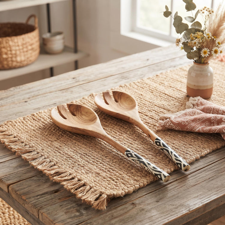 African Olive Wood Salad Servers, Handmade Tanzanian Salad Spoons with Batik Cow Bone Handles, Boho Artisan Kitchen Gift