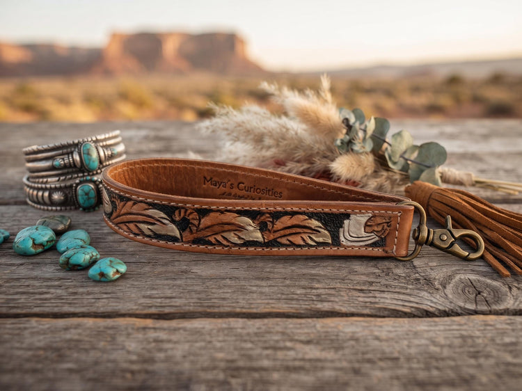 Western Feather Leather Wristlet Keychain, Hand Tooled Boho Key Fob, Handmade Cowgirl Bag Charm