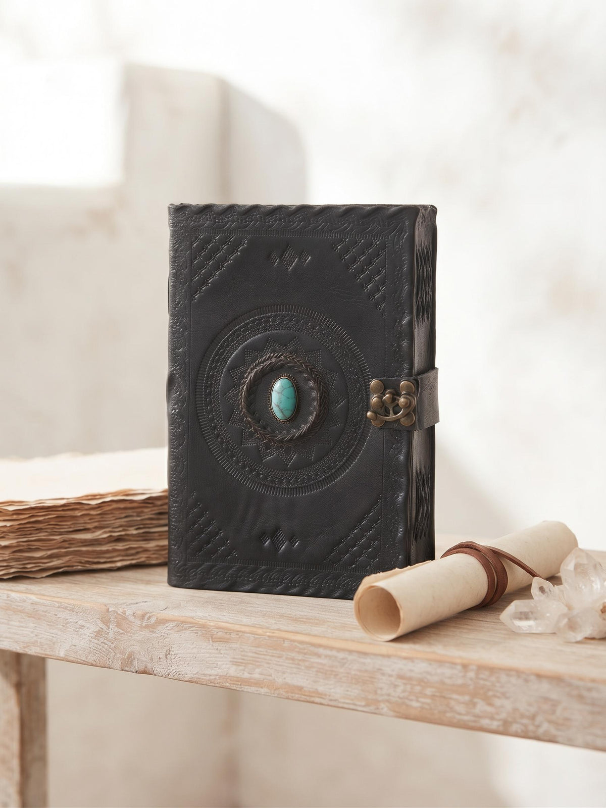Black Leather Journal with Turquoise Stone, Handmade Boho Diary, Lockable Leather Sketchbook, Vintage Spell Book
