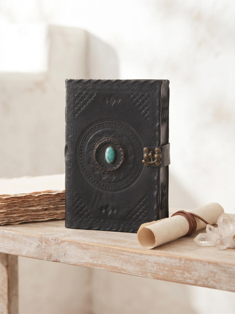 Black Leather Journal with Turquoise Stone, Handmade Boho Diary, Lockable Leather Sketchbook, Vintage Spell Book