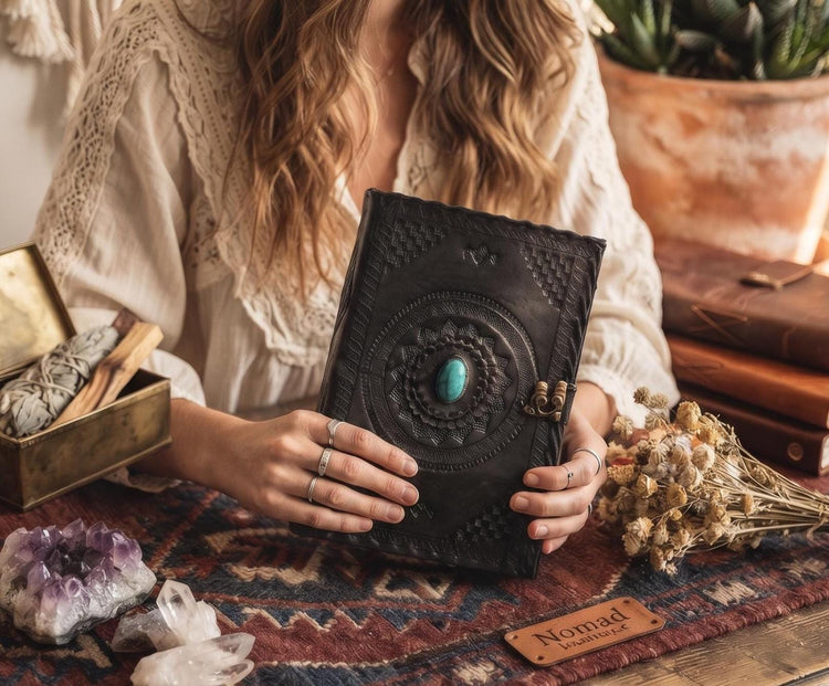 Black Leather Journal with Turquoise Stone, Handmade Boho Diary, Lockable Leather Sketchbook, Vintage Spell Book