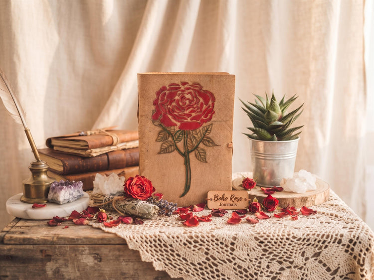 Red Rose Leather Journal: Hand-Tooled Vintage Travel Diary