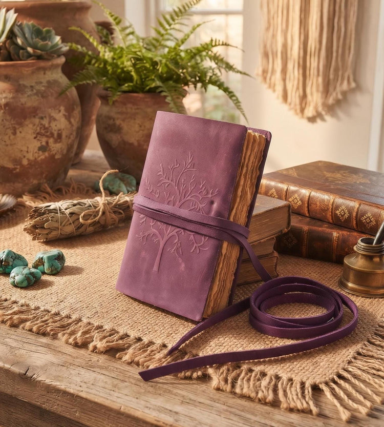Purple Tree of Life Leather Journal, Handmade Boho Diary with 240 Deckle Edge Pages, Vintage Spell Book Sketchbook