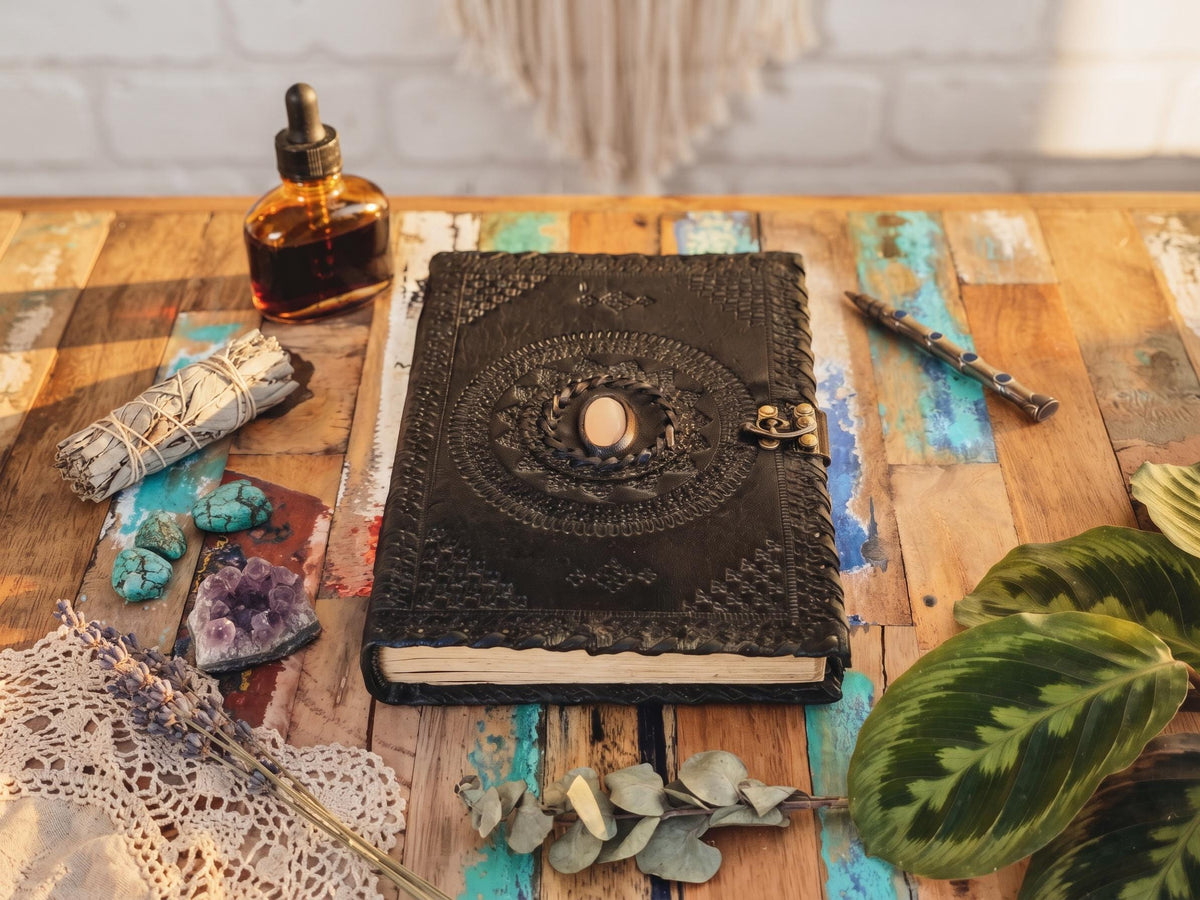 Black Leather Journal with Turquoise or Quartz Stone, Large Tooled Leather Diary, Boho Buckle Notebook for Writers