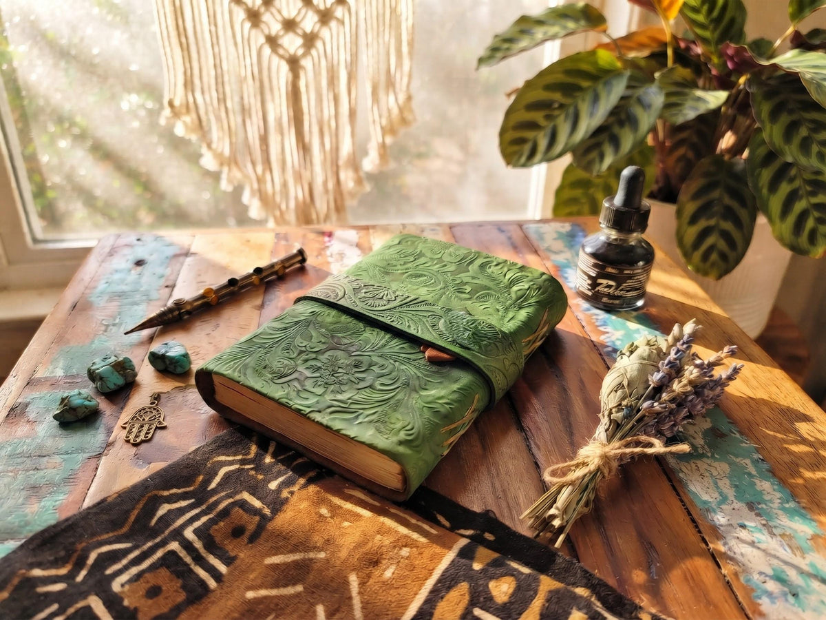 Floral Engraved Leather Journal: Art Nouveau Flower Diary, Deckle Edge Paper