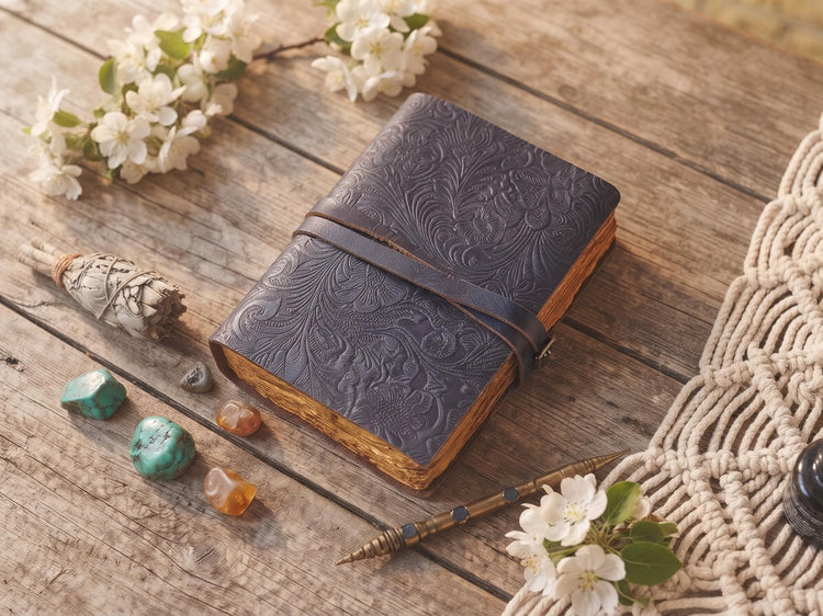Floral Engraved Leather Journal: Art Nouveau Flower Diary, Deckle Edge Paper
