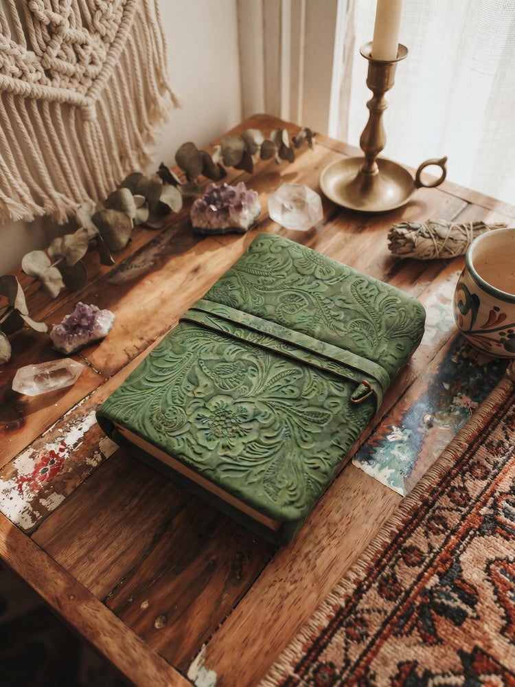 Floral Engraved Leather Journal: Art Nouveau Flower Diary, Deckle Edge Paper