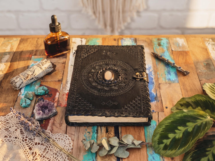 Tooled leather notebook with turquoise stone - handcrafted journal for women