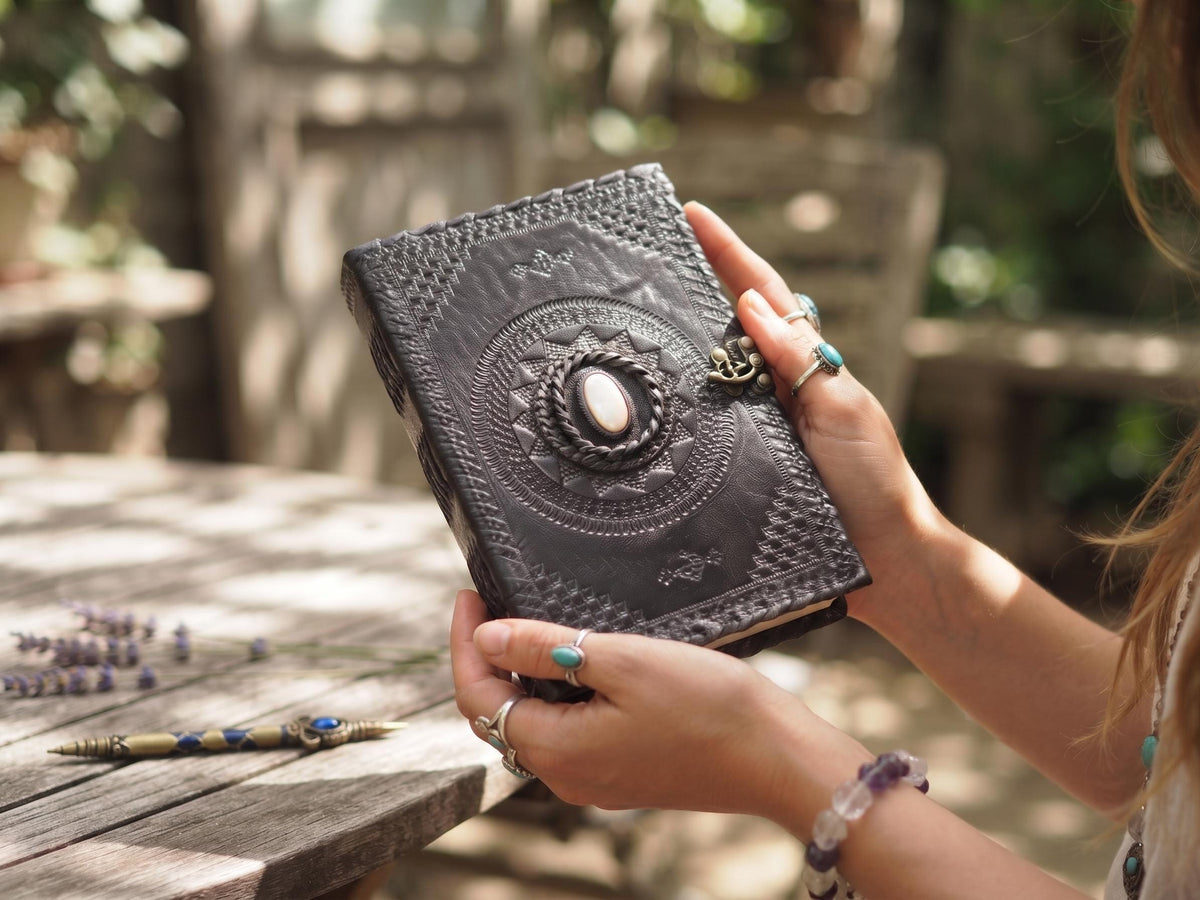 Tooled leather notebook with turquoise stone - handcrafted journal for women