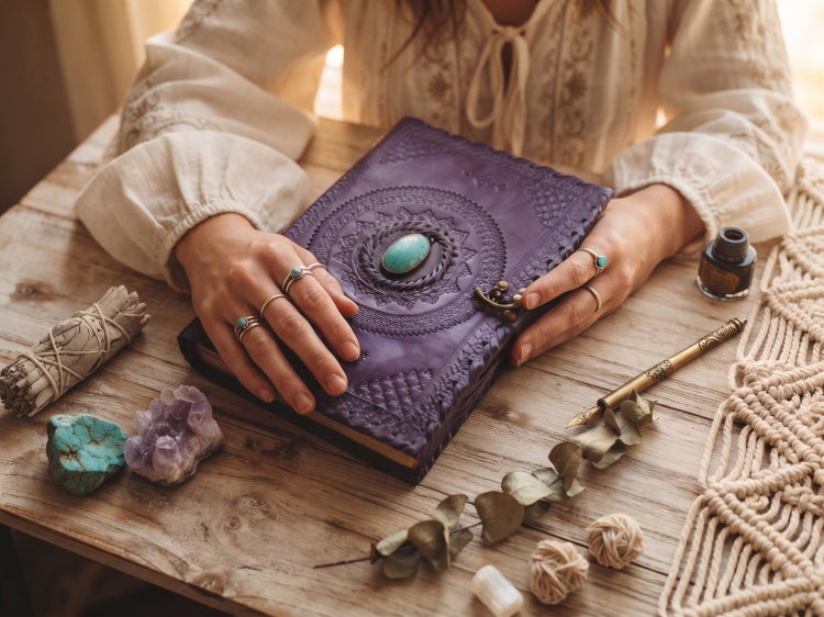 Tooled leather notebook with turquoise stone - handcrafted journal for women