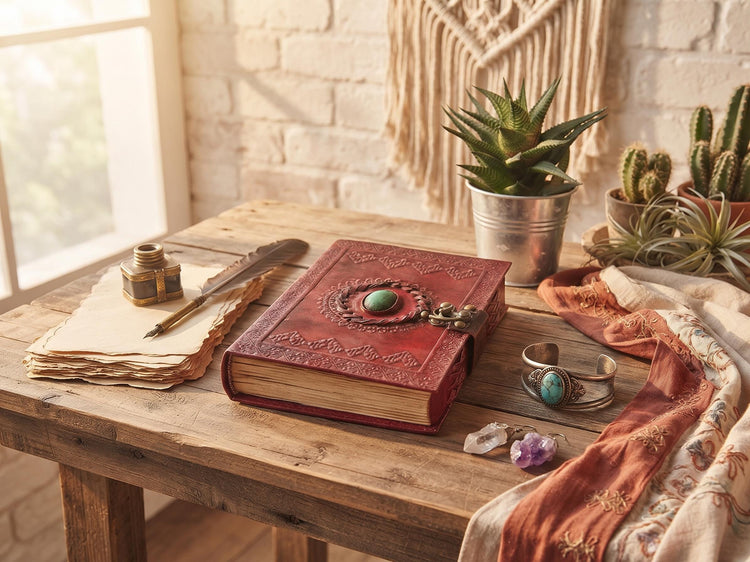 Tooled Leather Journal with Turquoise Stone: Boho Travel Diary