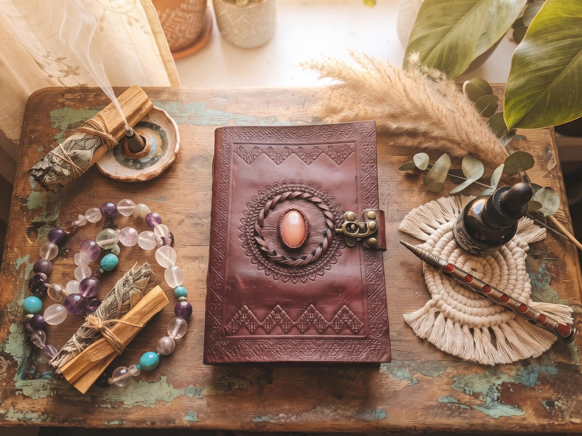 Tooled Leather Journal with Turquoise Stone: Boho Travel Diary