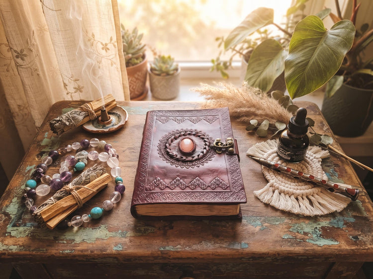 Tooled Leather Journal with Turquoise Stone: Boho Travel Diary