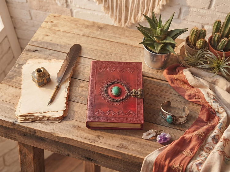 Tooled Leather Journal with Gemstone Lock, Handmade Vintage Travel Diary, Boho Leather Notebook, Turquoise Quartz Gift for Her