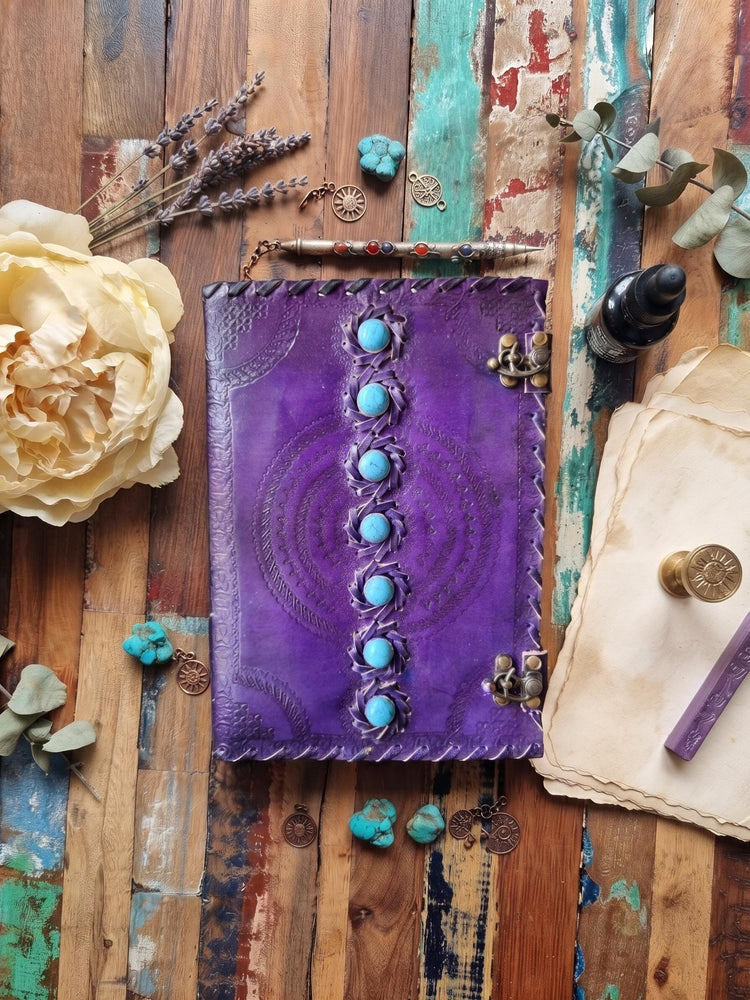 Purple Chakra Leather Journal with Turquoise Stones, Handmade Leather Diary with 2 Locks, Large Boho Spell Book, Book of Shadows
