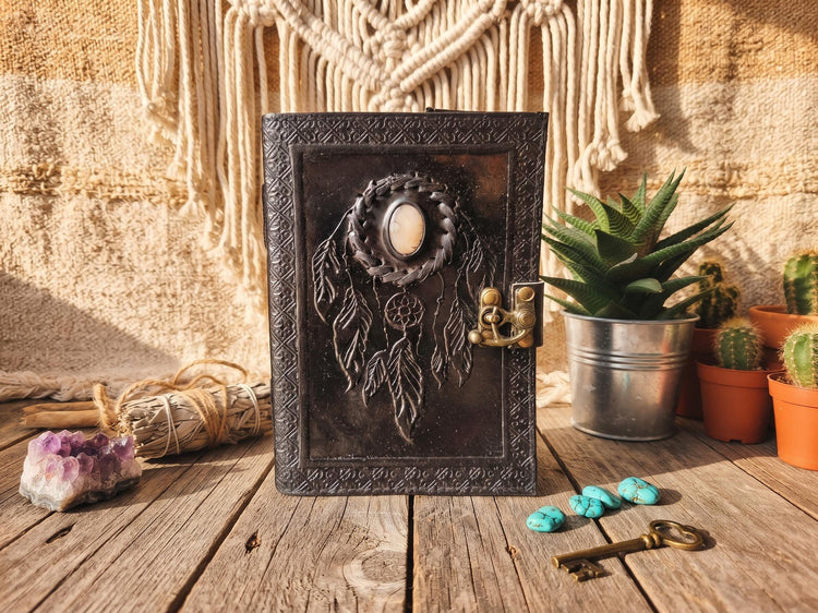 Moonstone Dreamcatcher Leather Journal: Handmade Travel Sketchbook